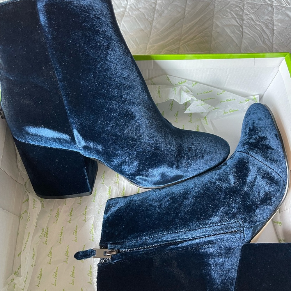 Sam Edelman Navy Velvet Block Heel Ankle Boots